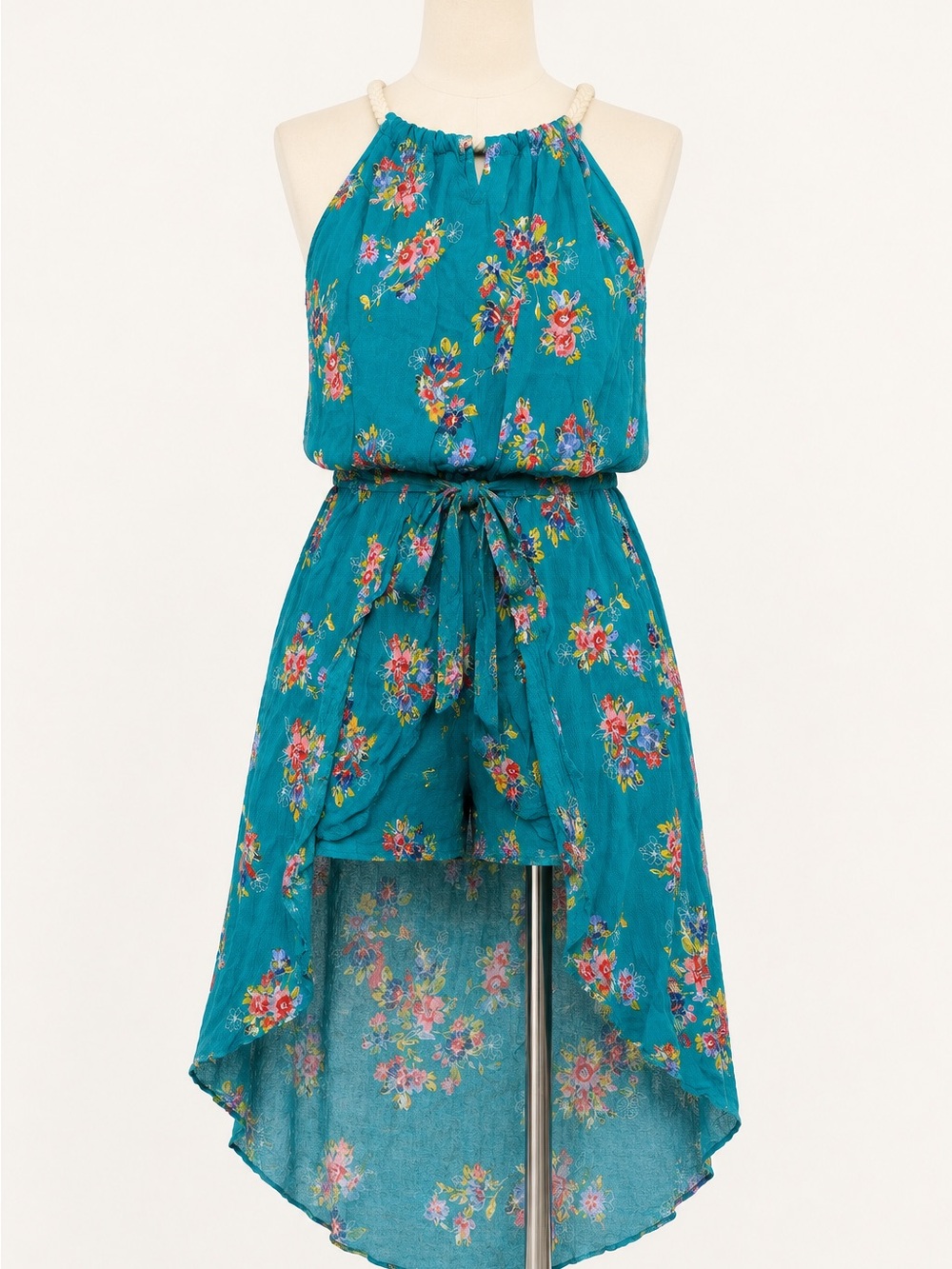 Zunie Teal Floral High Low Skirt Overlay Romper Jumper